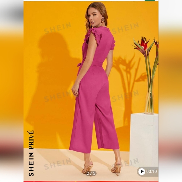 Shein Prive Layered Pleated Sleeve Belted Jumpsuit. Size XL. Color: Pink - Picture 4 of 16